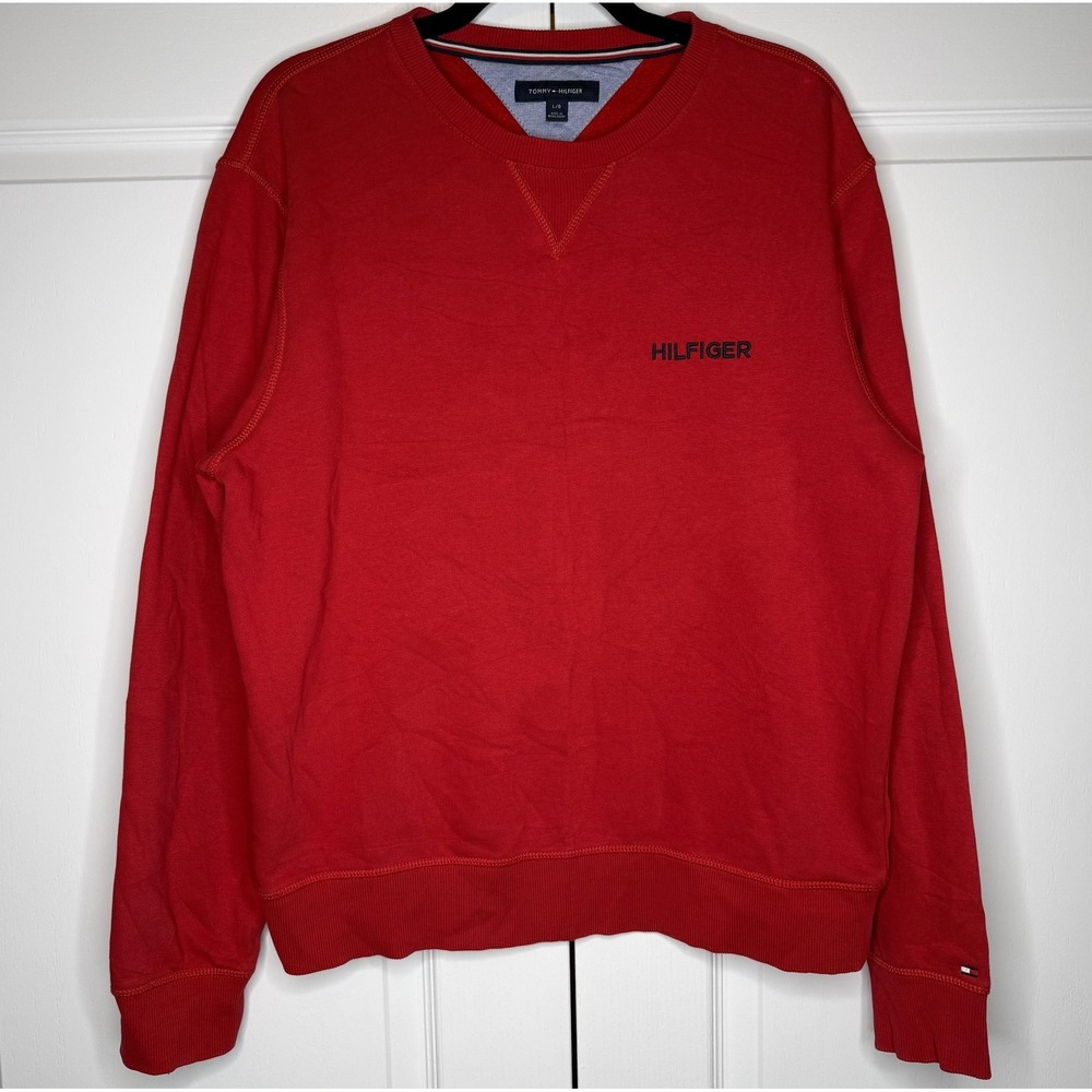 Tommy Hilfiger Sweatshirt Mens Large Red Embroidered Hilfiger Logo Crewneck